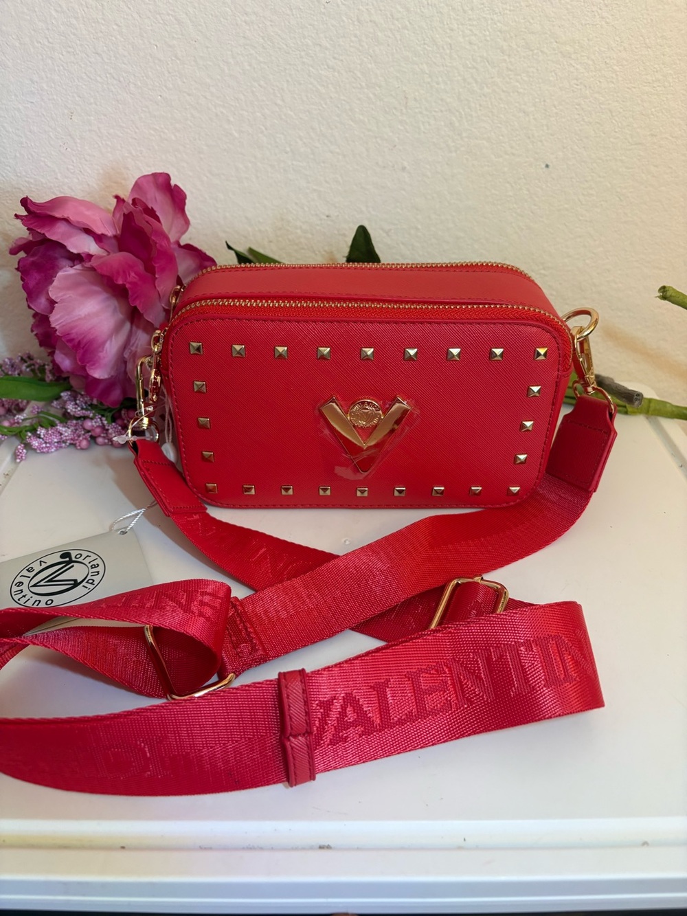 COPY - Valentino Orlandi Double Zipper Red Camera Bag with Removable Logo Strap